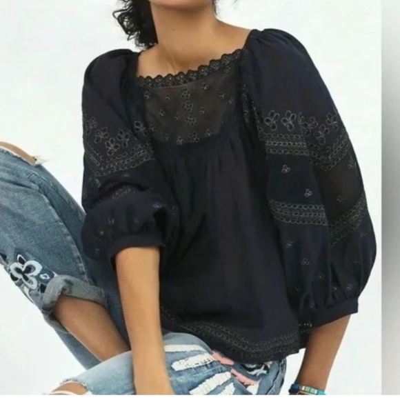 Anthropologie Tops - Anthropologie Jaslyn Embroidered Peasant Top Navy Size S